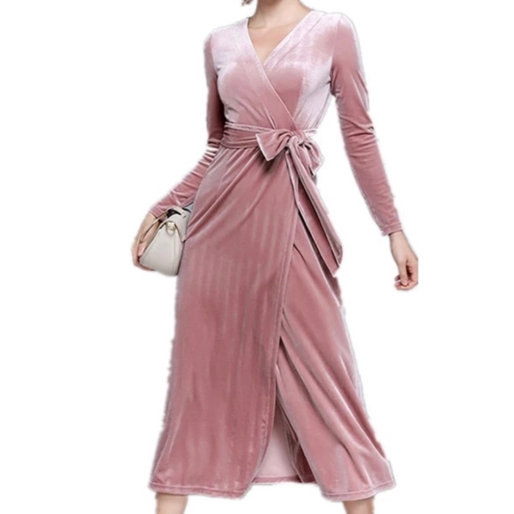 LAST ONE!! Pink Velvet Elegant Long Sleeve Maxi - Picture 2 of 8